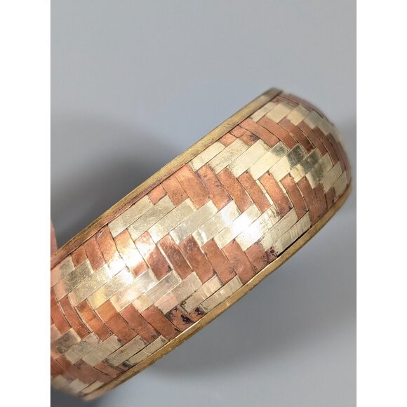 Vintage Copper Brass Basket Weave Wide Bangle Bracelet Western Boho 8.5 inch - Picture 1 of 11